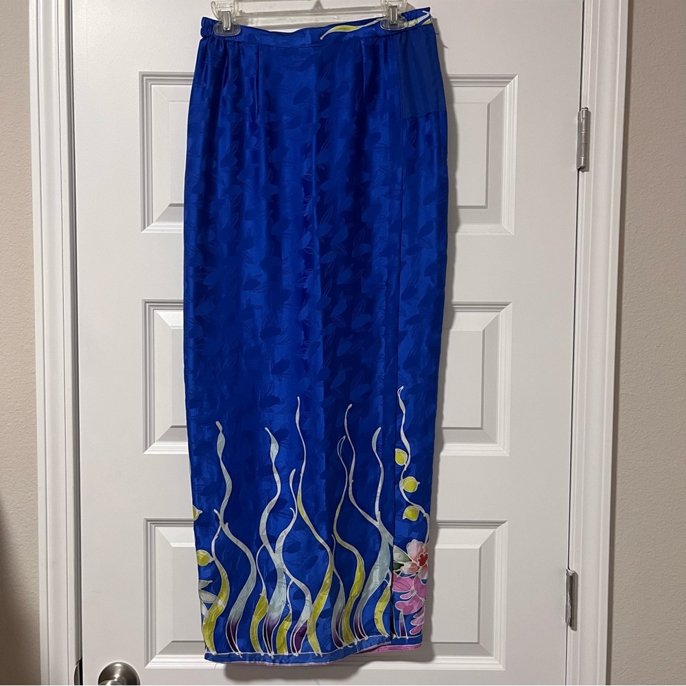 VTG Bright Cyan Blue Silk Wrap Skirt by Chong Collection Y2K EUC Size S